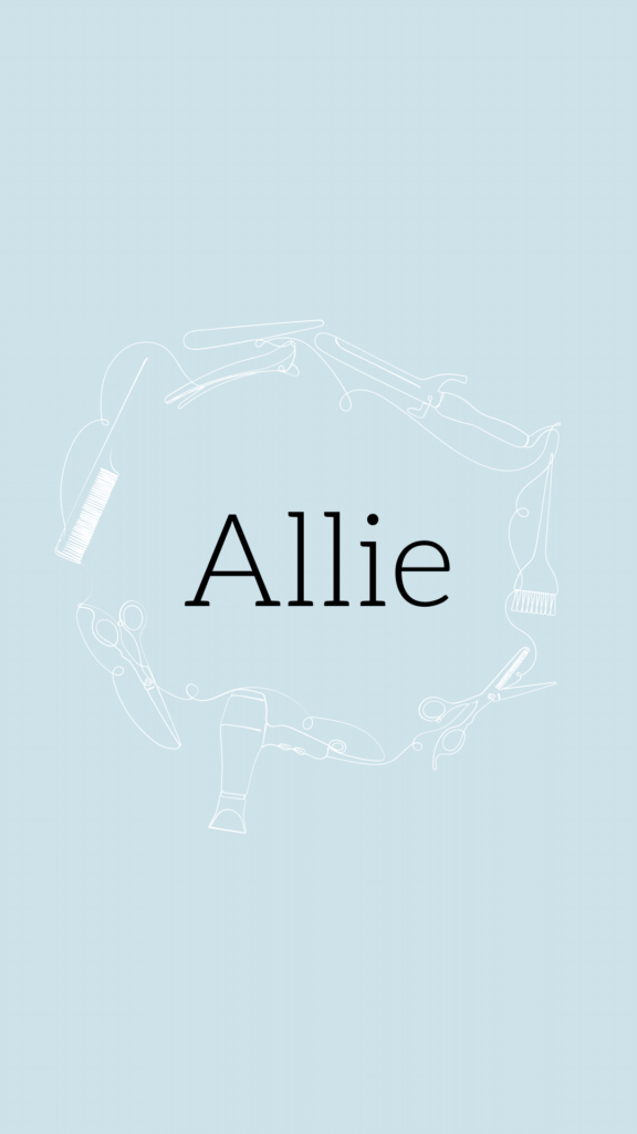 Image of the name Allie with hairdressing tools surrounding name on light blue background.